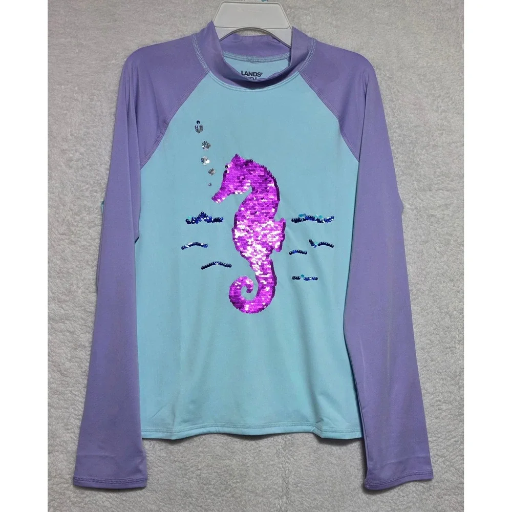 Lands End Girls XL 14-16 Seahorse Flip Sequin Rash Guard Swim Top Blue/Purple